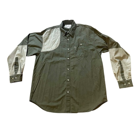 Vintage Columbia Green Tan Button Up Long Sleeve Shooting Hunting Shirt Size L - Picture 1 of 10